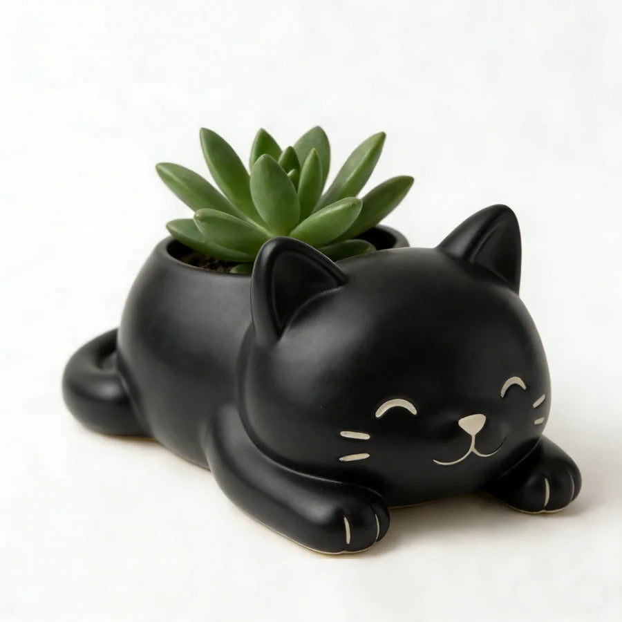 Vaso Decorativo em Formato de Gato Deitado para Suculentas