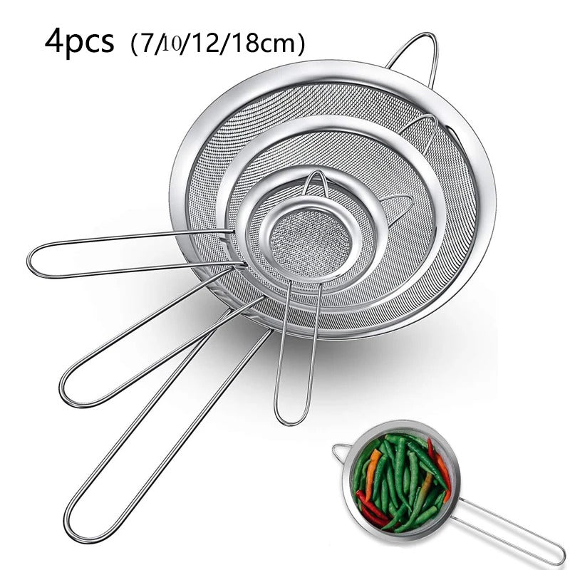 Conjunto de 4 peças de peneira fina de aço inoxidável para óleo, farinha, coador, coador de massas
