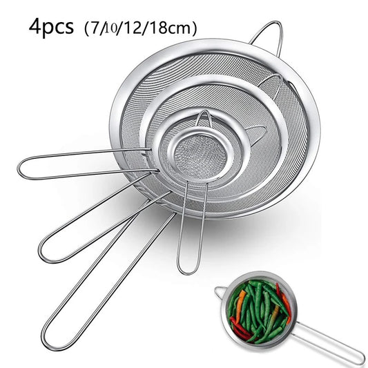 Conjunto de 4 peças de peneira fina de aço inoxidável para óleo, farinha, coador, coador de massas