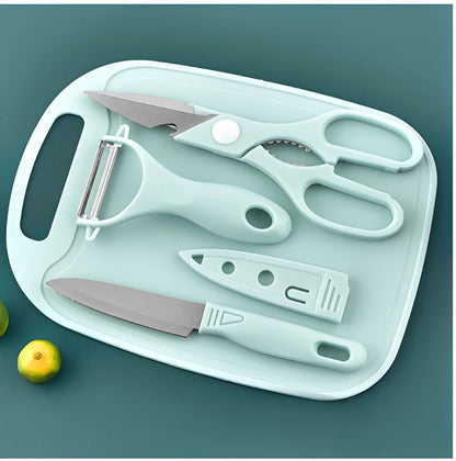 Conjunto de 4 peças: Facas, Tesouras, Descascador, Tábua de Cozinha em Aço Inoxidável