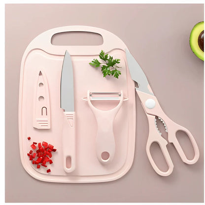 Conjunto de 4 peças: Facas, Tesouras, Descascador, Tábua de Cozinha em Aço Inoxidável