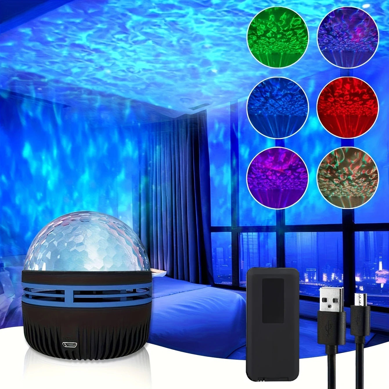 Projetor LED Onda de Água RGB com Controle Remoto USB para Quarto