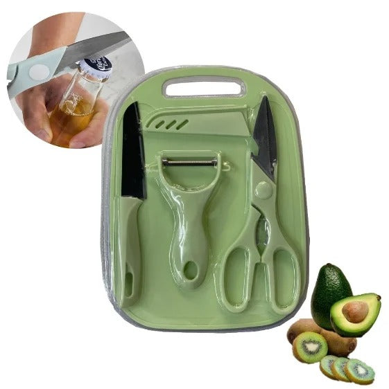 Conjunto de 4 peças: Facas, Tesouras, Descascador, Tábua de Cozinha em Aço Inoxidável