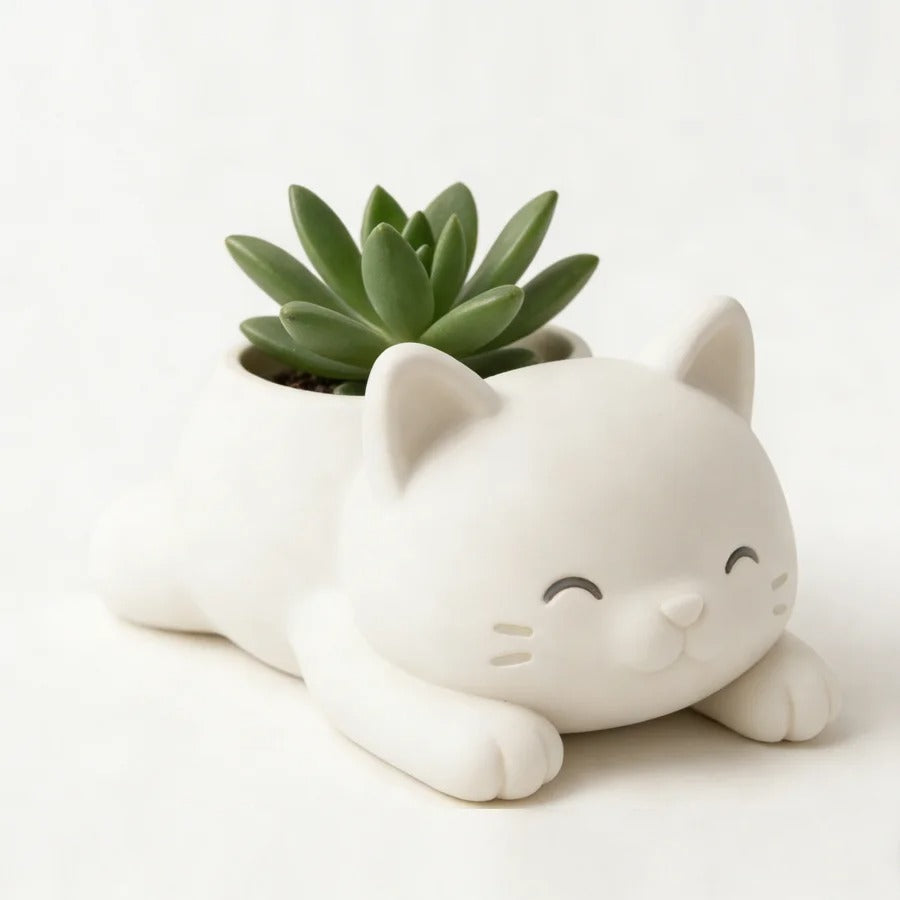 Vaso Decorativo em Formato de Gato Deitado para Suculentas